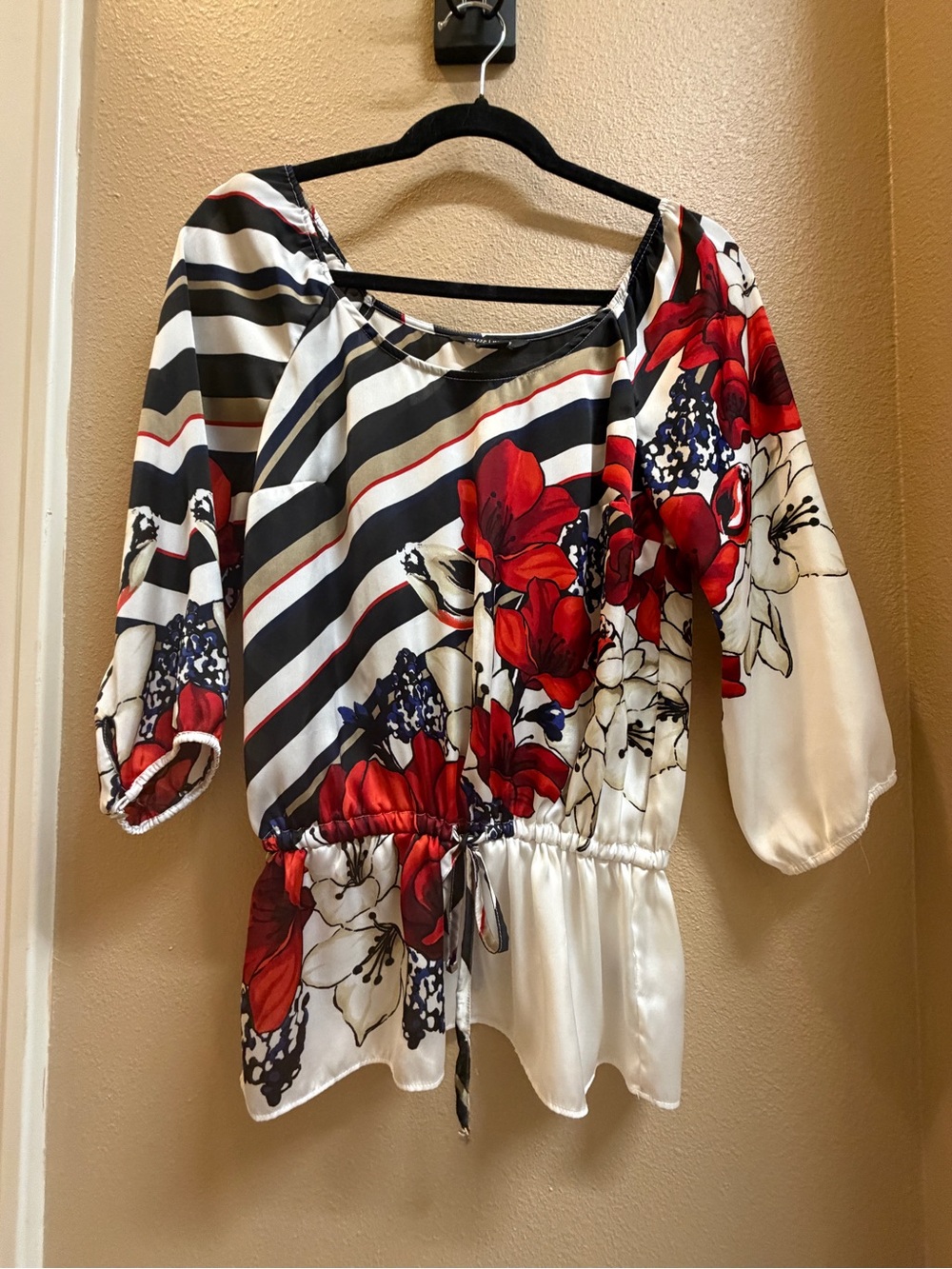 White House Black Market Red Floral & Black-White Stripe Drawstring Blouse
